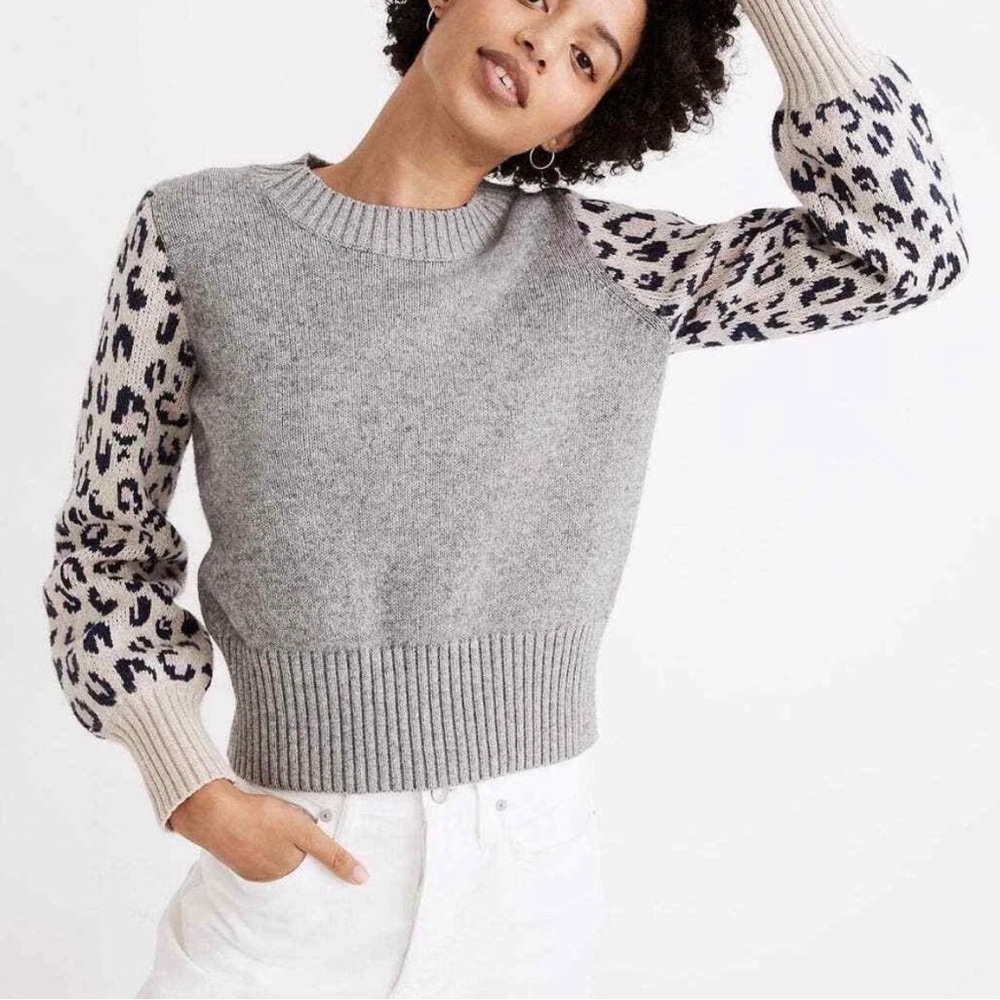 Madewell Gray Leopard Print Sleeve Tensley Pullover Sweater Size Small